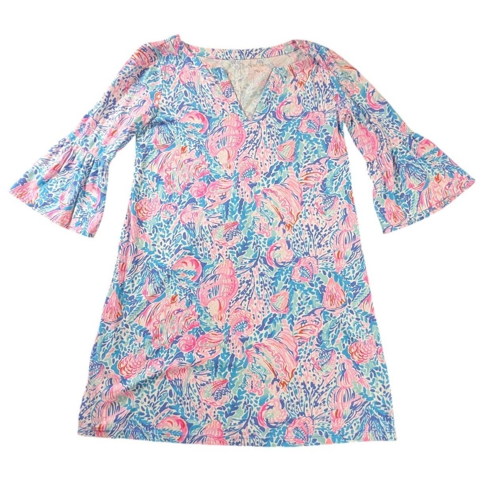 Lilly Pulitzer Small Pink Blue Shell Print Cotton Bell Sleeve Shift Dress S